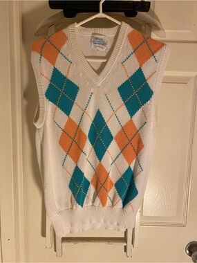 Classic V-Neck Argyle Sweater Vest in White with Teal & Orange